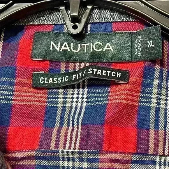 Nautica Shirt Men's Red - Blue Plaid Cotton Classic Fit Stretch Button-Down XL - Picture 7 of 8